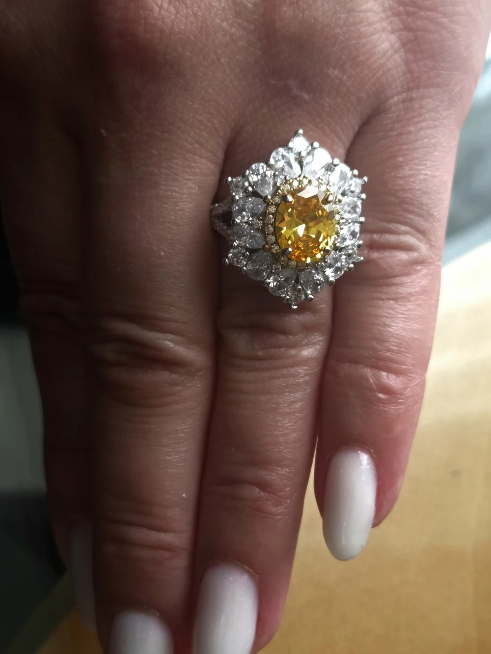 : 925 Sterling Silver Yellow Cubic Zirconia Statement Ring – Crystal Stones